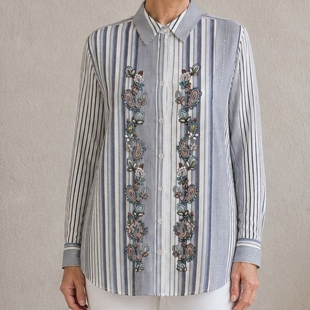 Chico's Blue Stripe Paisley Mixed Media Embroidered Button Down Top 3